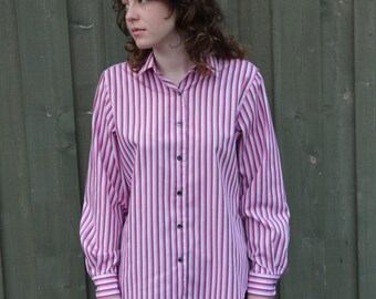 Vintage Women's Striped Pink Shirt Button Up Long Sleeves Shirt Vertical Stripes Shirt Secretary Classic Blouse Large Size teacher top