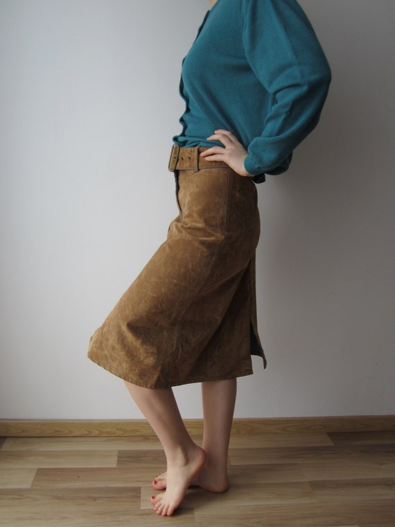 Vintage Caramel Brown Midi Skirt Velvet Blend Den… - image 2