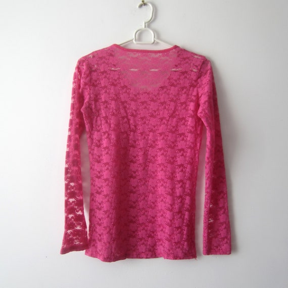 Vintage Hot Pink Lace Blouse Long Sleeve Top Brig… - image 4