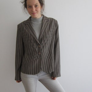 Vintage Extra Large Women's Jacket Beige Striped Jacket Formal Button Up Brown Grey Beige Teacher Classic Blazer Grandma Blazer