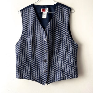 Vintage Women&#39;s summer vest Blue white Patterned viscose Vest Button Up Waistcoat Hippie Festival Vest Size Medium Retro vest 90s lady vest