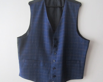 Vintage Linen Blend Plaid Gentleman&#39;s Vest Blue Checkered Fitted Waistcoat Edwardian Victorian Renaissance Steampunk Size XXL Classic Vest