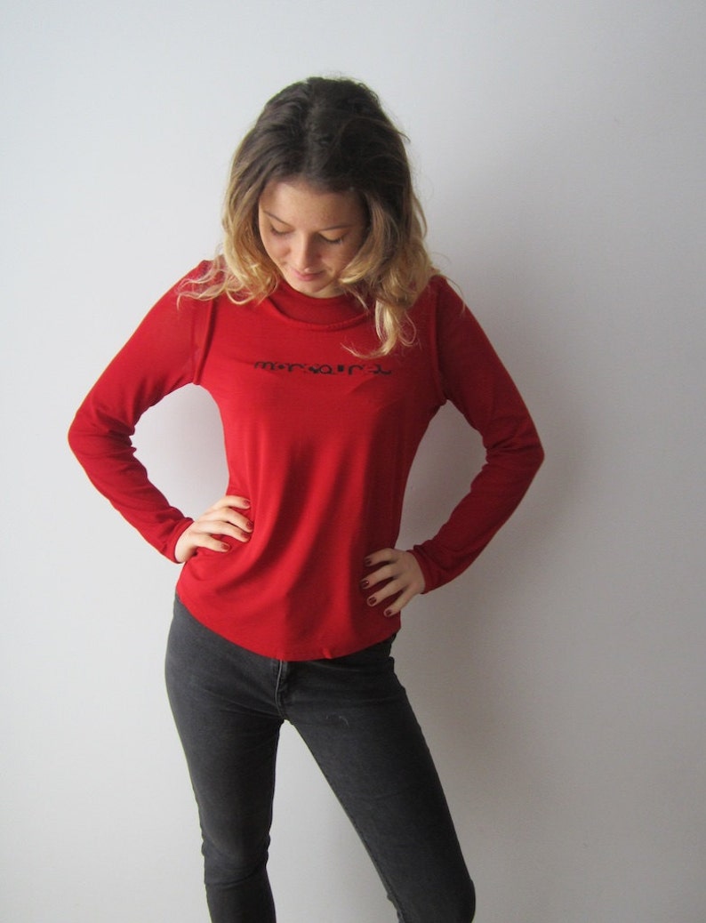 red sheer long sleeve shirt