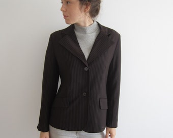 Vintage Women's Classic Jacket Brown Striped Blazer Button Up Chocolate Brown Secretary Jacket Medium Size Office Lady Blazer Teacher Jacket