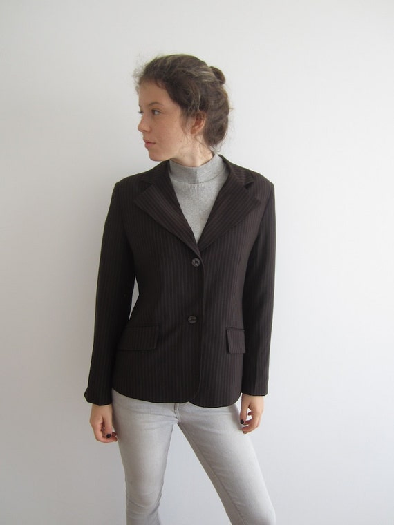 Vintage Women's Classic Jacket Brown Striped Blazer Button Up Chocolate Brown Secretary Jacket Medium Size Office Lady Blazer Teacher Jacket
