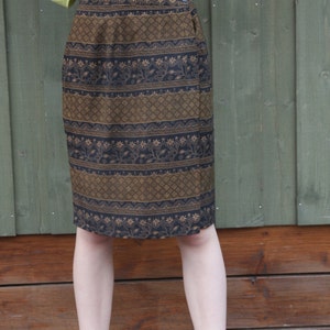 Vintage Brown Black Silk Skirt Flowers Print Pencil Secretary Summer Skirt Patterned Wrap Silk Skirt Silk Knee Skirt