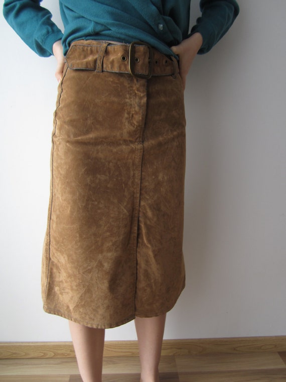 Vintage Caramel Brown Midi Skirt Velvet Blend Den… - image 4