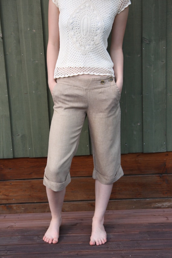 Vintage Linen Shorts Sand Beige Knee Shorts with … - image 1