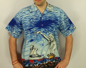 Vintage Mens Marine Shirt  Blue Musical Motifs Print Short Sleeves Button Up Bright Street Festival Shirt Extra Large Size Beach party Shirt