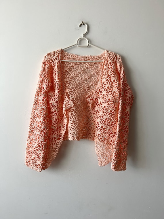 Vintage Hand Crocheted Cardigan Women s Pale Peach Cardigan Long Sleeve Crocheted Top Romantic Summer Crocheted Jacket Size Small to Medium Etsy