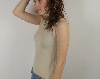 Vintage Strick-Beige-Top bestickt Perlen Top blass ärmelloses Pullover Top klein Größe bequemes Alltags top