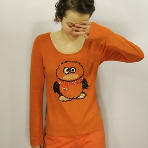 Vintage Orange Jumper Top bestickt Pinguin Langarm Top Orange lustige hässliche Party Pullover jeden Tag elastischepullover Student Pullover Größe M