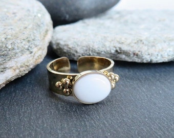 WHITE agate stone ring GOLDEN stainless steel Golden jewelry Adjustable ring Natural agate stone S4