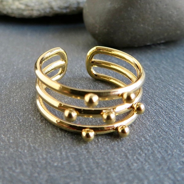 GOLDEN Stainless steel Multiple rings 3 rows and balls Golden jewelry Adjustable ring