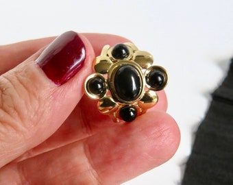 FIVE BLACK natural stones ring GOLDEN Stainless steel ring Adjustable ring Large black jewel