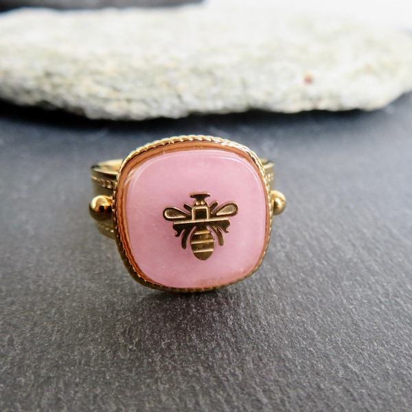 PINK quartz stone with a little BEE GOLDEN Stainless steel ring Natural stone Adjustable ring Pink jewel