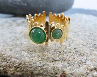 GREEN jade TWO stones GOLDEN Stainless steel ring Natural green jade stones Adjustable ring Green jewel
