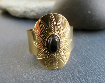 BLACK stone GOLDEN Stainless steel engraved leaves oval ring