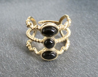 Ring THREE natural BLACK onyx stones GOLDEN stainless steel Adjustable golden jewelry S1