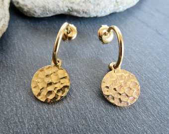 Small half-creole earrings MEDailles hammered stainless steel GOLDEN Steel jewelry S3