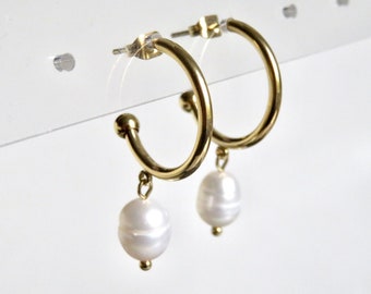 Pendientes aros pequeños agua dulce PERLAS acero inoxidable ORO Joyería acero S2