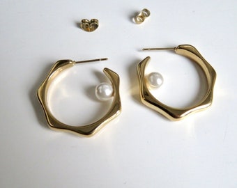 Thick octagonal RING earrings with a mother-of-pearl bead Stainless steel GOLDEN Trendy jewelry Creoles S2