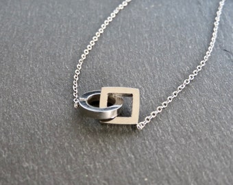 YOU and ME Stainless steel circle and square pendant necklace and Forcat mesh chain Love dainty jewel