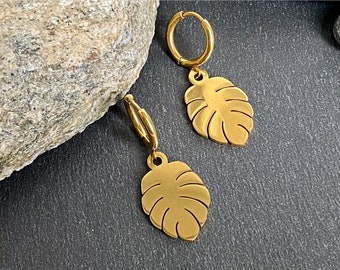 Creole earrings with a dangling banana LEAF in GOLDEN stainless steel Golden jewel S1