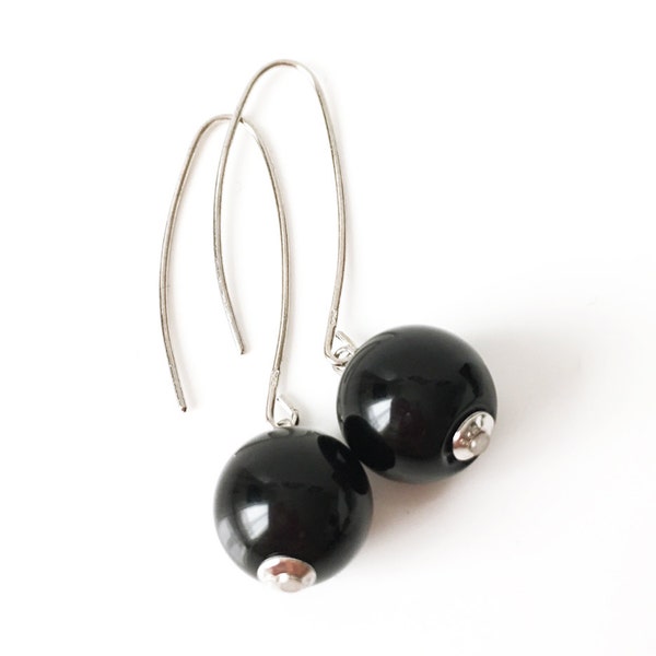 Sterling silver Earrings Round BLACK onyx beads Long minimalist earrings