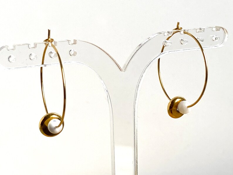 DONUT hoop earrings in GOLD stainless steel and mother-of-pearl beads S2 steel jewelry image 2