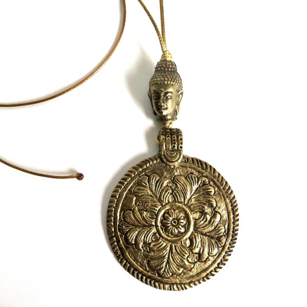 Collier modulable ROSACE fleur et BOUDDHA en cuivre Longueur ajustable du sautoir au collier court Cordon beige DORE Bijou Bouddha