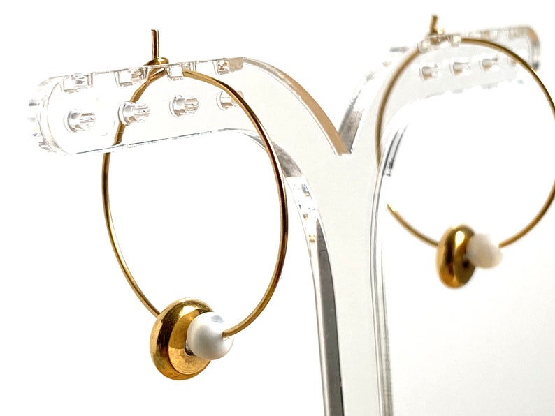 DONUT hoop earrings in GOLD stainless steel and mother-of-pearl beads S2 steel jewelry image 4