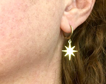 Creole earrings with an 8-pointed STAR dangling in GOLDEN stainless steel Golden jewel S2