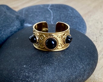 Ring ring 3 natural onyx stones Matte and GOLD stainless steel with arabesque decoration Golden jewelry Adjustable ring S3