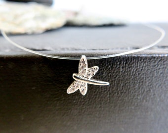 925 sterling silver strass Zirconium Dragonfly Choker Necklace and sterling silver clasp Minimalist jewel