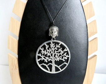 TREE of LIFE and BOUdDHA modular necklace Adjustable length from necklace to short necklace BLACK cord Big jewel