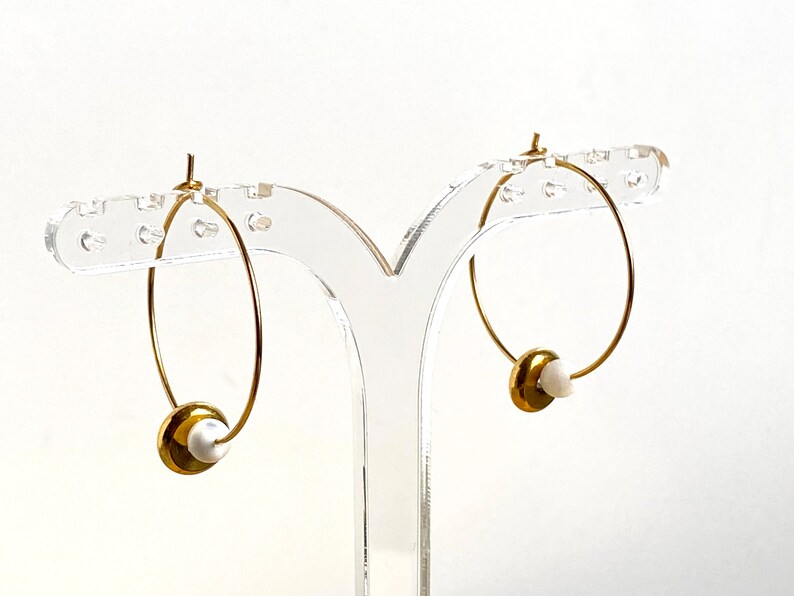 DONUT hoop earrings in GOLD stainless steel and mother-of-pearl beads S2 steel jewelry image 1