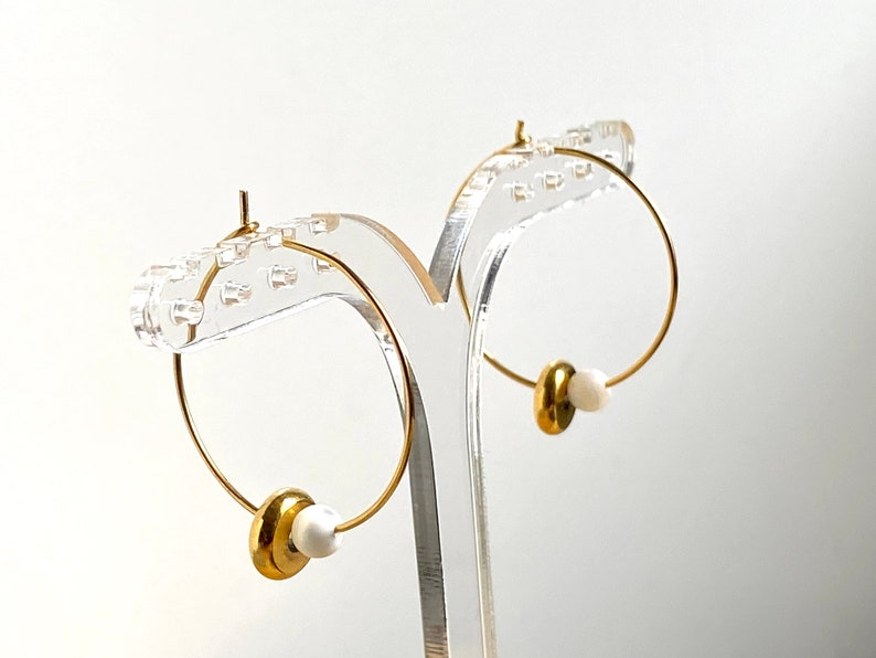 DONUT hoop earrings in GOLD stainless steel and mother-of-pearl beads S2 steel jewelry image 3