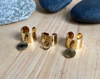 LOTE de 3 anillos colgantes redondos medalla / borla / círculo en acero inoxidable dorado Joyería ajustable S1