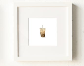 Iced Coffee Miniature Watercolor Print – Coffee Bar or Kitchen Food Art, Cold Brew Painting