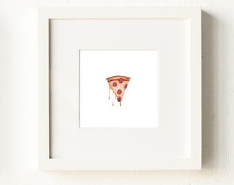 Pepperoni Pizza Miniature Watercolor Painting Tiny Food Print - Mini Pizza Slice Art Print - Small Minimal Kitchen Wall Art - Junk Food Art