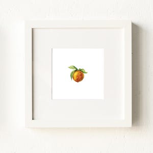 May include: A watercolor painting of a peach with green leaves. The peach is a light orange color and the leaves are a bright green.