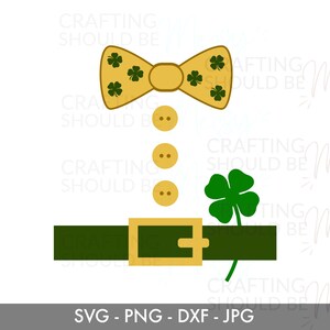 May include: A digital design of a leprechaun costume with a yellow bow tie with green shamrocks, three gold buttons, a green belt with a gold buckle, and a green shamrock.
