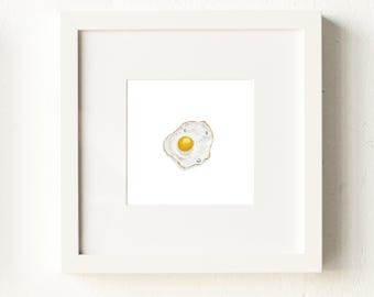 Mini Fried Egg Art Print: Watercolor Kitchen Decor, 5x5" Giclee
