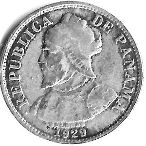 May include: A silver coin featuring a profile of a man with a beard, surrounded by the words "REPUBLICA DE PANAMA." The year "1929" is inscribed at the bottom. The coin has a detailed, textured surface.