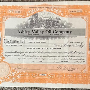 May include: A vintage stock certificate for Ashley Valley Oil Company, dated December 19, 1952. The certificate is for 760 shares of the company's stock, with a par value of 10 cents per share.
