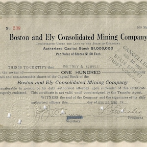 1919 Boston-Ely Consolidated Mining Ely Nevada Stock Certificate