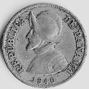 May include: A silver coin featuring a profile of a man in a helmet and armor, with the words "REPUBLICA DE PANAMA" around the edge. The year "1940" is at the bottom. The coin has a detailed, textured surface.