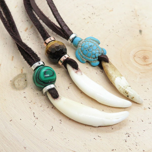 Real Wolf Tooth Pendant Necklace with either Tiger Eye, Malichite, or Turquoise Turtle Bead Custom Made (Long Adjustable)