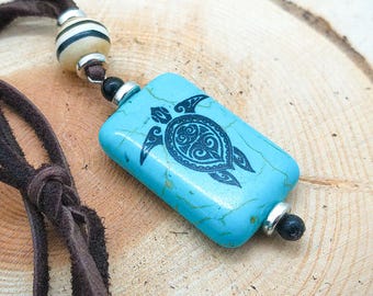 Turquoise Painted Turtle Necklace with Painted Carved Buffalo Bone Bead, and Onyx Beads Custom Made (Adjustable Length)